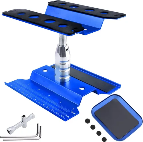 Soporte de trabajo para auto a control remoto, estación de trabajo de reparación de aluminio, rotación de 360 grados, inferior con bandeja de Azul