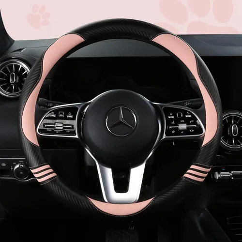 HighnessHwoo Fundas acolchadas para volante de automóvil para mujer, de fibra de carbono, de piel sintética, lindos accesorios interiores de