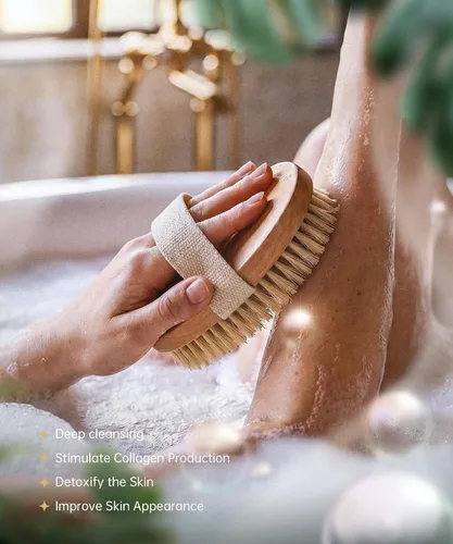 Miniatura 9 de POPCHOSE Cepillo de cepillado en seco para el cuerpo, cepillo exfoliante de cerdas naturales para piel seca, cepillo corporal para una piel