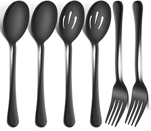 Miniatura 8 de LIANYU Juego de 6 cucharas y tenedores negros para servir, 8 3/4 pulgadas, acero inoxidable, para bufé, catering, fiesta, banquete, servir, tenedor