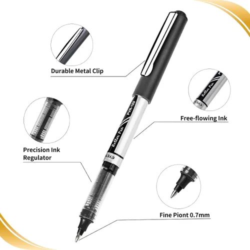 Miniatura 5 de EYEYE Paquete de 25 bolígrafos de bola de rodillo negros de 0.7mm, bolígrafo de bola de rodillo de punta media de secado rápido, bolígrafos de tinta