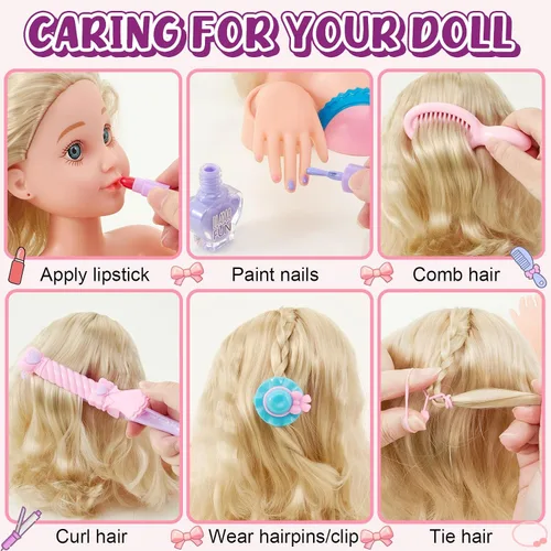 Miniatura 6 de Golray Kit de maquillaje de cabeza de muñeca para peinar, arte de uñas, juguetes para niñas, juguete de peluquería/cosméticos reales esmalte