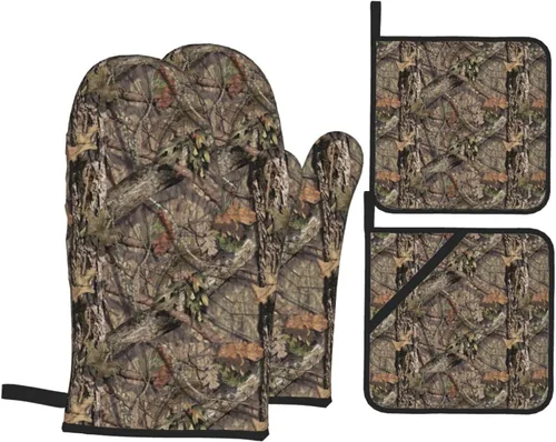 Juego de 4 manoplas de horno y soportes para ollas de camuflaje de camuflaje, guantes resistentes al calor para cocina, hornear, asar a la parrilla,