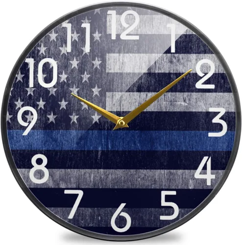 Naanle Reloj de pared redondo con estampado de bandera de la policía estadounidense envejecida, reloj de escritorio analógico silencioso de cuarzo