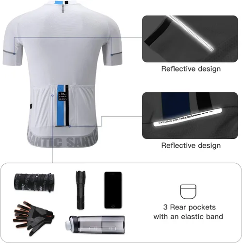 Miniatura 30 de Santic Camiseta de ciclismo para hombre, manga corta, camiseta de ciclismo de carretera, cremallera completa, UPF 50+, MTB con bolsillos