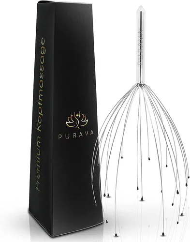 (Original – Masajeador de cabeza premium con mango de metal y diseño mejorado – Masaje rascador de cuero cabelludo con 20 dedos para relajación y