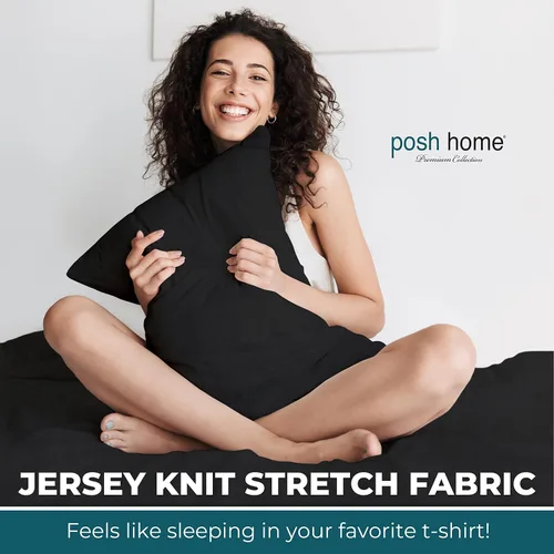 Miniatura 2 de Posh Home Juego de sábanas de punto de jersey, sábanas de 3 piezas, sábanas de jersey de algodón transpirable y suave, incluye sábana encimera