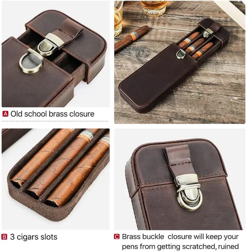 Miniatura 5 de CONTACTS Crazy Horse - Estuche de cuero para cigarros, caja de cigarros de viaje, 3 ranuras, funda para humidor, organizador portátil por Handmade