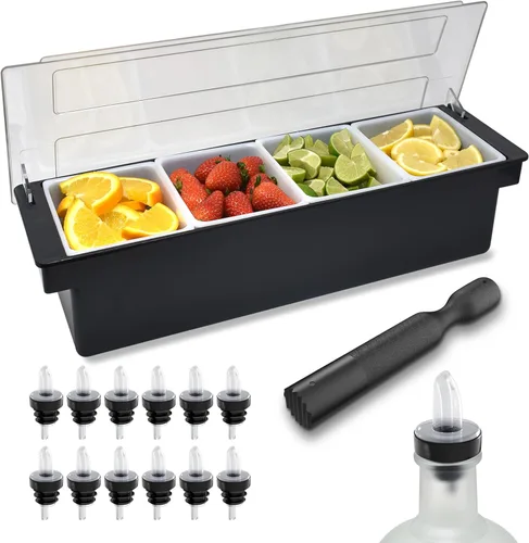 Esatto Suministros para Bar Contenedores de condimentos con tapas 4-1.5 Pint Accesorios para carrito de bar Fruta para barman Bandeja de condimentos
