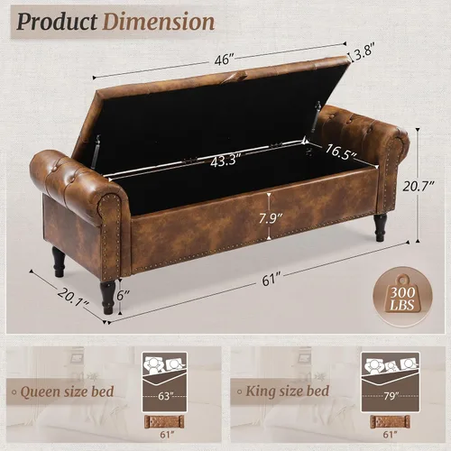 Miniatura 19 de Cozyman Banco otomano de almacenamiento, 61 pulgadas de largo, de lino, con brazo enrollado, banco de ventana con botón copetudo y ribete de cabeza