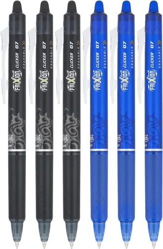 Pilot FriXion Clicker - Bolígrafos de gel retráctiles borrables, 0.7 mm, punta fina (paquete de 6, negro/azul)