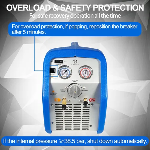 Miniatura 5 de Máquina de recuperación de refrigerante de doble cilindro 1HP, unidad de reciclaje de freón portátil sin aceite de 110V-120V 60Hz para refrigerante