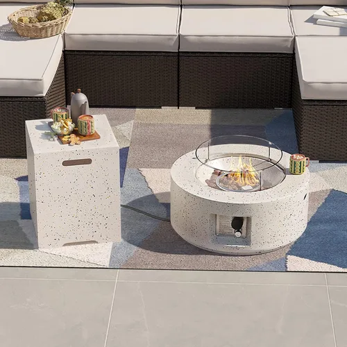 SUNBURY Mesa redonda para fogata de propano de 28 pulgadas, mesa redonda con tanque de 40.000 BTU, mesa de gas blanca manchada para patio con