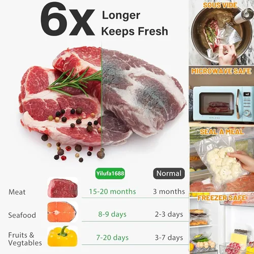 Miniatura 6 de Bolsas selladoras al vacío para alimentos, 50 unidades precortadas de 6 x 10 pulgadas, grado comercial sin BPA, 6 veces frescura, ajuste universal a