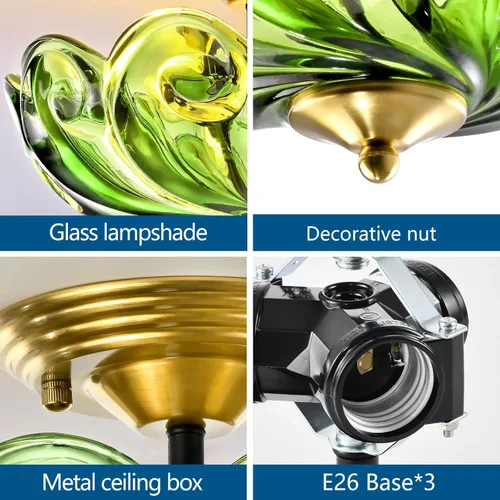 Miniatura 7 de Lámpara de techo moderna semiempotrada, 3 luces doradas para cerca del techo con pantalla de vidrio verde para sala de estar, entrada, dormitorio