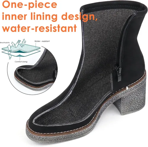 Miniatura 4 de JABASIC Botas de tobillo para mujer, tacón bajo, tacón grueso, botas de vestir con cremallera lateral