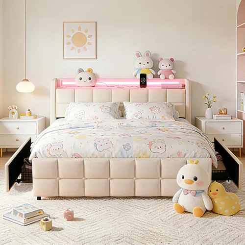 Juego Base de cama Full 3 en 1 con luz LED RGB, enchufe y estación de carga USB y tipo C, 4 cajones, listones de madera, cama tapizada, sin ruido,