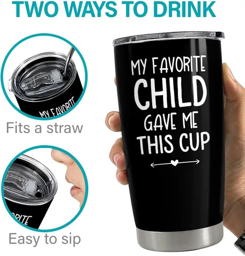 Miniatura 8 de SANDJEST Vaso aislado de acero inoxidable de 20 onzas para papá, divertido con texto en inglés "My Favorite Child Gave Me This Cup", taza de viaje
