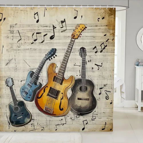 Miniatura 19 de Cortina de ducha de guitarra roja, cortina de baño de música Hip Pop, decoración de baño para niños y niñas, cortina de baño de guitarra de moda