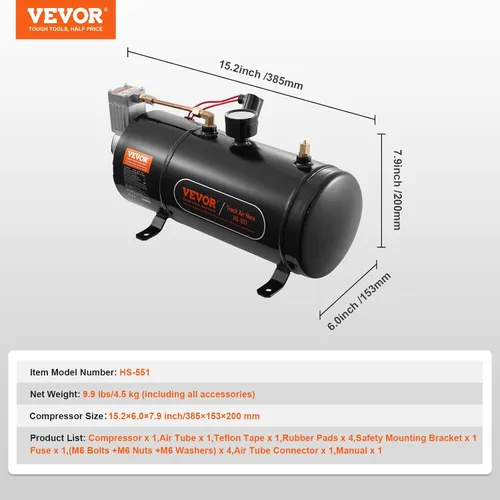 Miniatura 7 de VEVOR Compresor de aire de 12 V con tanque de 0.8 galones/3 L, compresor de aire de bocinas de tren, sistema de compresor de aire a bordo de 120 psi