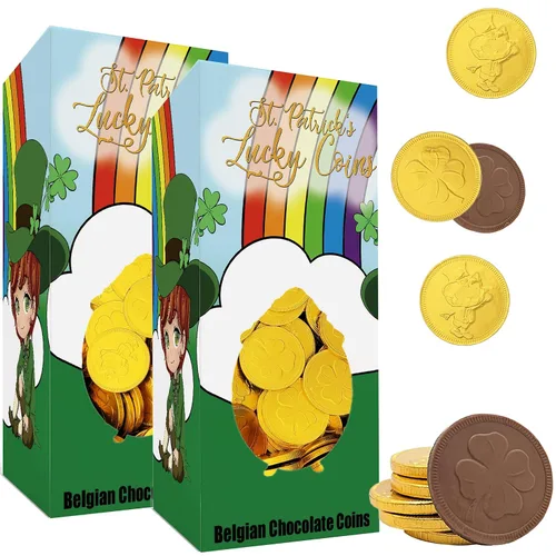 Miniatura 9 de The Dreidel Company Monedas de oro de chocolate con leche belga del día de San Patricio, sin nueces, lácteos certificados Kosher, caja de duende