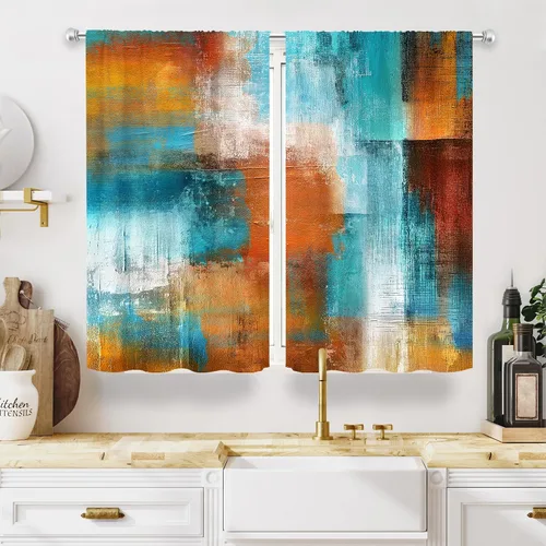 Miniatura 10 de MESHELLY Cortinas Rojas Abstractas 42Wx63H Pulgadas Bolsillo para Varilla Bloques Rústicos Borgoña Marrón Pintura al Óleo Casa de Campo Dormitorio