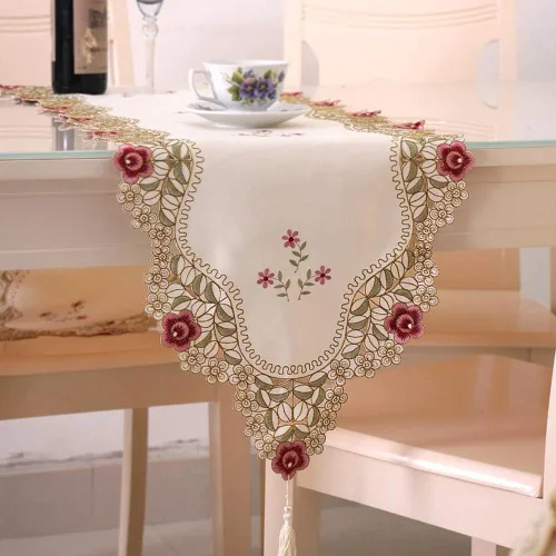 Miniatura 5 de HOLY HOME Camino de mesa navideño 100% poliéster, bordado de encaje, rosa, tela pastoral, decoración del hogar (rosa, 16 x 70 pulgadas)