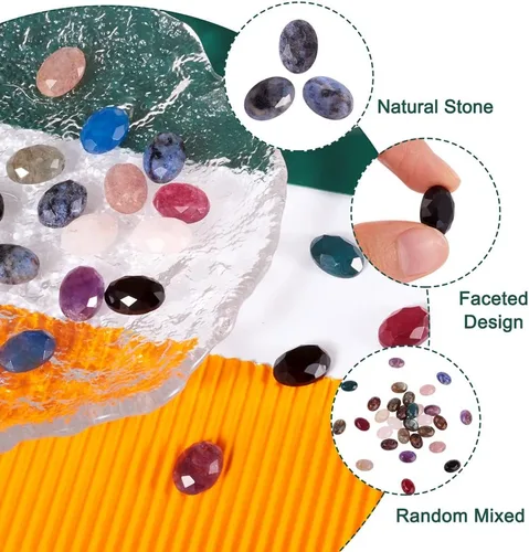 Miniatura 5 de Fashewelry 30 piezas de cabujones de piedra natural mixta de 0.55 x 0.39 pulgadas con parte trasera plana, azulejos de camafeo ovalados facetados