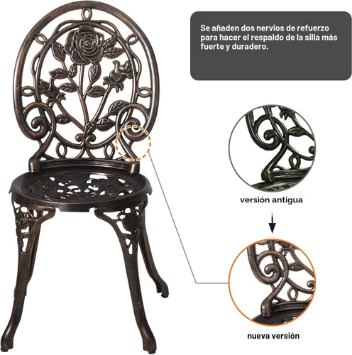 Miniatura 5 de HOMEFUN Juego de 2 mesas y sillas de bistró para exteriores, juego de 3 piezas, diseño de rosa, aluminio fundido para jardín, balcón, resistente a