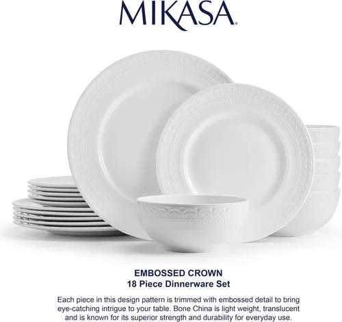 Miniatura 5 de Mikasa Crown White - Juego de vajilla de 18 piezas resistente a las astillas, servicio para 6 personas