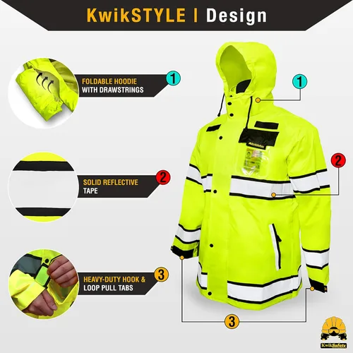 Miniatura 3 de KwikSafety - Charlotte, NC - Chaqueta de lluvia TORRENT y gabardina ANSI OSHA clase 3 de alta visibilidad, equipo de lluvia Hi Vis