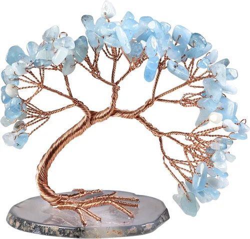 Nupuyai Árbol de dinero de cristal curativo de alambre de cobre de 3-4 pulgadas para la buena suerte, base de rodajas de ágata bonsái, decoración de