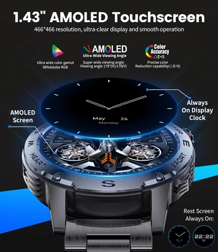 Miniatura 2 de LIGE EF1 - Relojes inteligentes para hombre, 1.43 pulgadas AMOLED Smartwatch con frecuencia cardíaca 24/7 para Android iOS, más de 170 modos