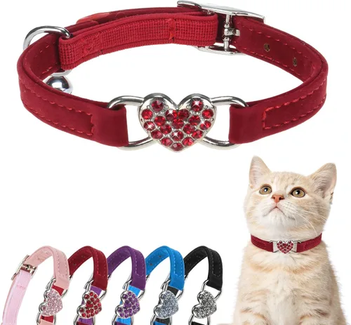 Miniatura 10 de BINGPET collar ajustable para gatos, de terciopelo suave, seguro, collares Bling diamante con cascabel, Adjustable, Rosado claro Rosa
