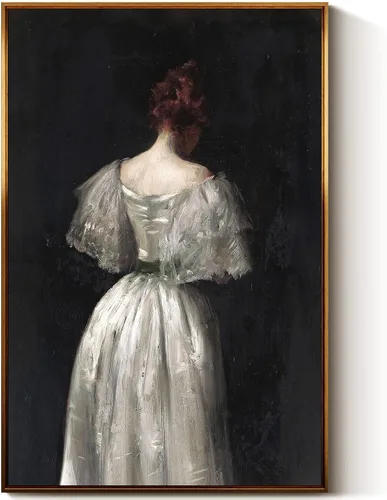 Miniatura 31 de InSimSea Arte de Pared en Lienzo Vintage con Marco Dorado Dama del Siglo XVII en Vestido Blanco Tono Oscuro 12 x 16 pulgadas, Retrato Melancólico