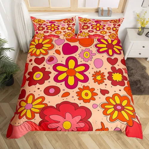 Miniatura 34 de Juego de ropa de cama Groovy de los años 60 y 70 para niños, funda de edredón retro de flores hippie para niños, adolescentes, vintage, bohemio