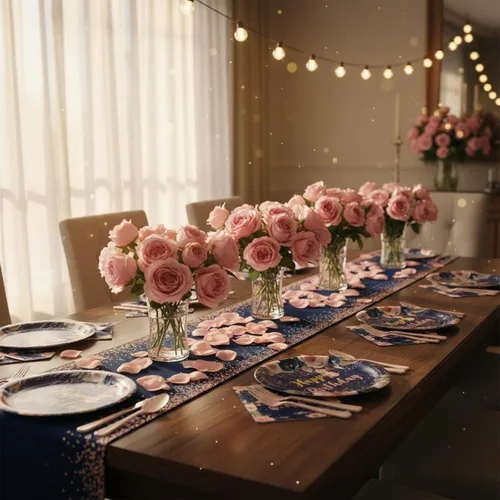 Miniatura 6 de Juego de 97 platos y servilletas de cumpleaños, color azul marino, oro rosa, para mujeres y niñas, platos de papel floral, vajilla, mantel