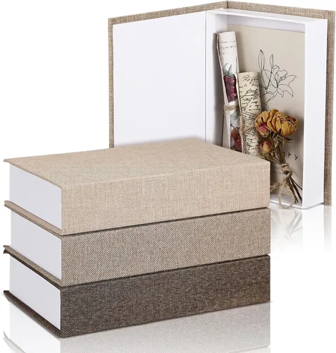 Miniatura 15 de Tioncy Caja de libros falsos de lino neutro, 3 piezas, decoración de imitación para decoración del hogar, estantes, mesa, tarjetas, fotos, regalo