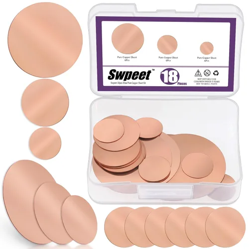 Swpeet Kit surtido de láminas de cobre puro, 18 unidades, 3 tamaños, 3/4 pulgadas, 6/5 pulgadas, 2 pulgadas, 0.02 pulgadas de grosor, chapa de cobre