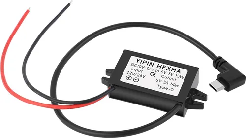 DC 24V/12V a 5V USB Tipo-C Convertidor reductor de ángulo recto Salida 3A 15W Módulo Buck Adaptador de corriente, compatible con Raspberry Pi 4,