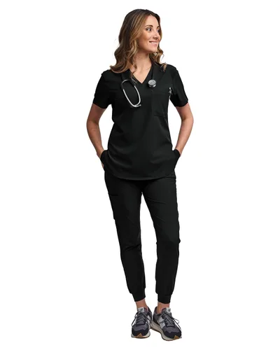 Miniatura 6 de Green Town Conjunto de ropa quirúrgica para mujer, pantalón deportivo y parte superior con cuello en V, 5 bolsillos, cintura de yoga, uniforme