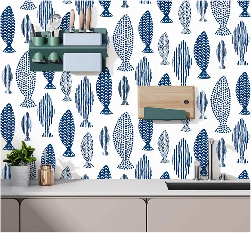 Miniatura 2 de HAOKHOME Papel tapiz autoadhesivo para despegar y pegar, diseño abstracto de peces costeros, enrejado del mundo submarino, papel de contacto