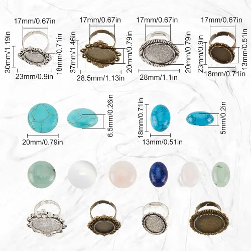 Miniatura 2 de SUNNYCLUE 16 piezas DIY 8 juegos de anillos bisel en blanco piedra natural cabujones estilo antiguo anillo de dedo ajustable componentes en blanco