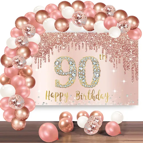 Miniatura 9 de Cartel de feliz cumpleaños número 10 con arco de guirnalda de globos de confeti, juego de globos de oro rosa para niñas, póster rosa de cumpleaños