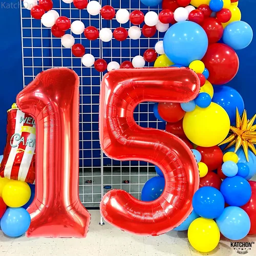 Miniatura 6 de Katchon, Globos rojos enormes del número 15, 40 pulgadas, globos del número 15, decoraciones de cumpleaños de 15 para niñas, decoraciones