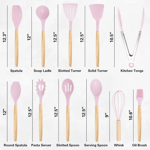 Miniatura 2 de Juego de utensilios de cocina de 19 piezas, 11 piezas de utensilios de cocina de silicona, juego de 6 cuchillos afilados de acero inoxidable rosa