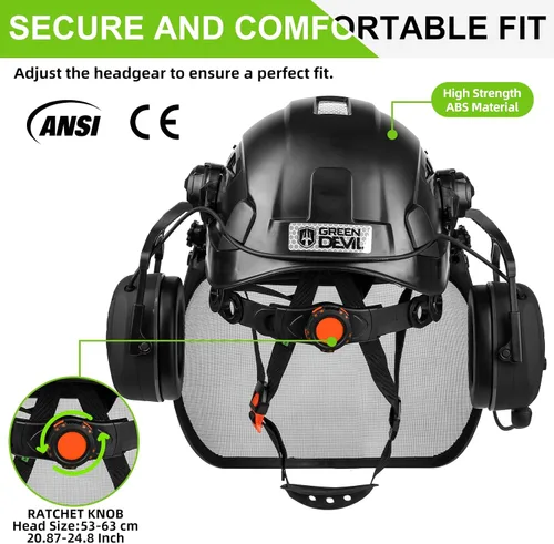 Miniatura 5 de Casco de seguridad para motosierra forestal GREEN DEVIL con orejeras Bluetooth Casco de arborista Casco duro con visera incorporada Protector facial