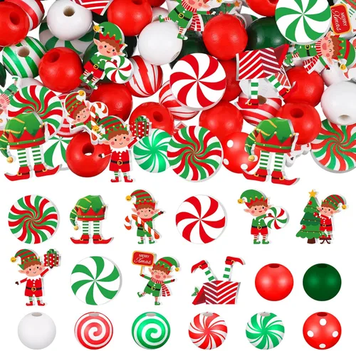 Miniatura 8 de Misdary 200 piezas de cuentas navideñas para manualidades, cuentas navideñas de madera, rojas y blancas, caramelo de menta, jengibre para joyería
