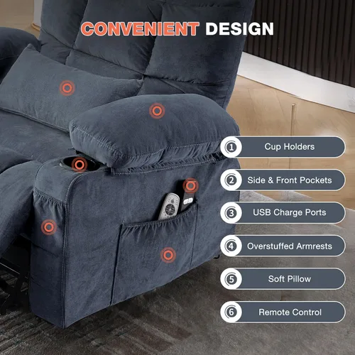Miniatura 7 de MAHOMICO Silla reclinable eléctrica para personas mayores con masaje por vibración y calefacción lumbar, sofá reclinable eléctrico con bolsillo