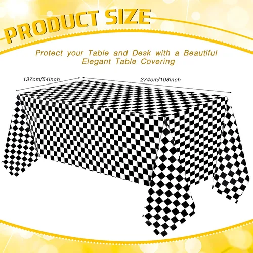 Miniatura 3 de 3 hojas de manteles desechables a cuadros en blanco y negro para fiesta de automóvil de carreras, 54 x 108 pulgadas, mantel rectangular de plástico